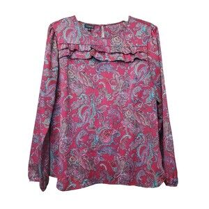 Talbots Ruffle Paisley Long Sleeve Keyhole Back Blouse Size Medium